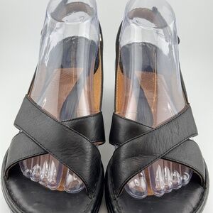 Born Women's Black Leather Strappy Ankle Strap Slingback Wedge Sandals Sz 9M/W